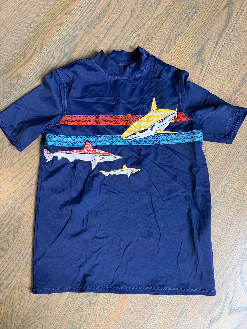 Lands' End Boys Navy Rashguard with Red, Blue & Yellow Shark Design